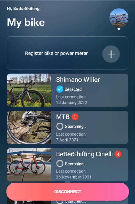 Registered bikes in the E-Tube app