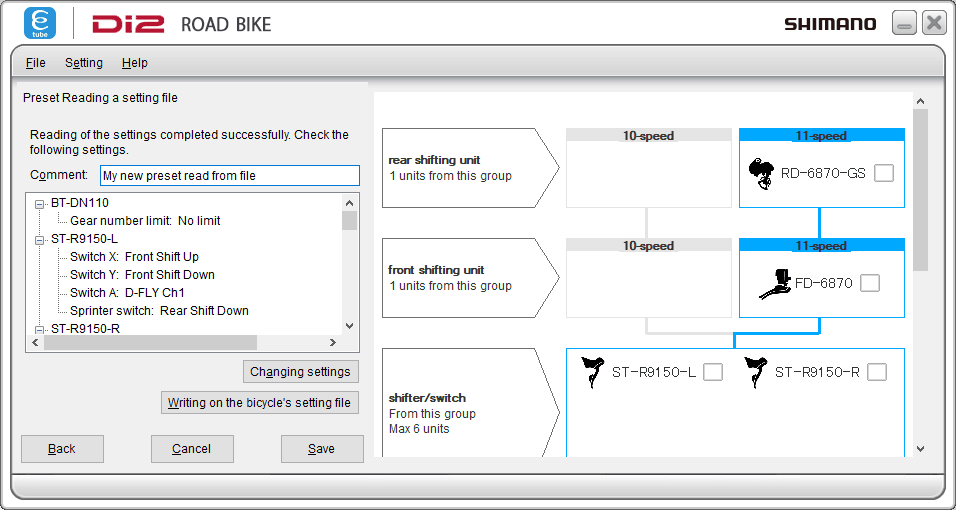 Preset settings as read from a file