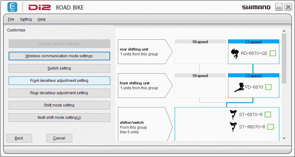 ETP 3.4.5 select derailleur settings